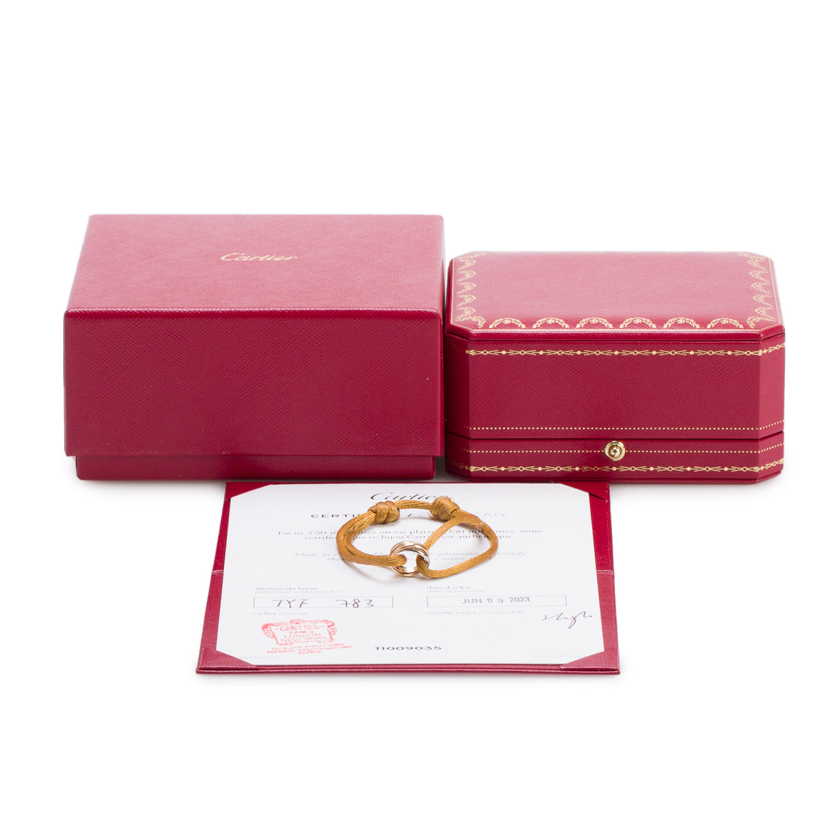 Cartier 2023 18k White, Yellow & Rose Gold Trinity Brown Cord Bracelet w/ Box & Certificate