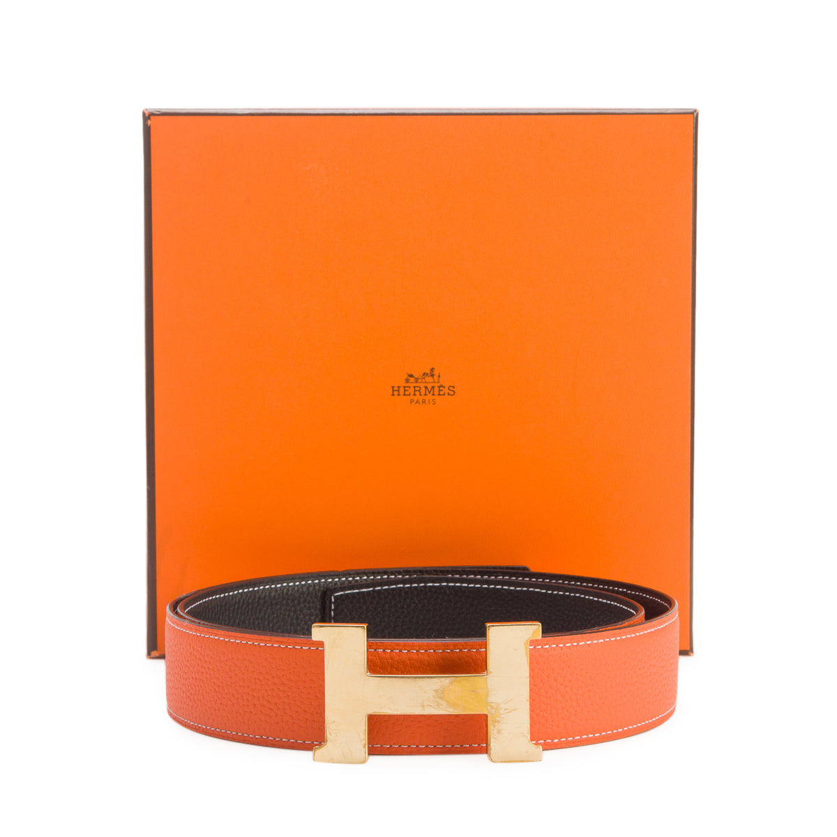 Hermes Noir/Orange Togo Reversible Leather 38 MM H Buckle Belt Kit, Size 100 w/ Box