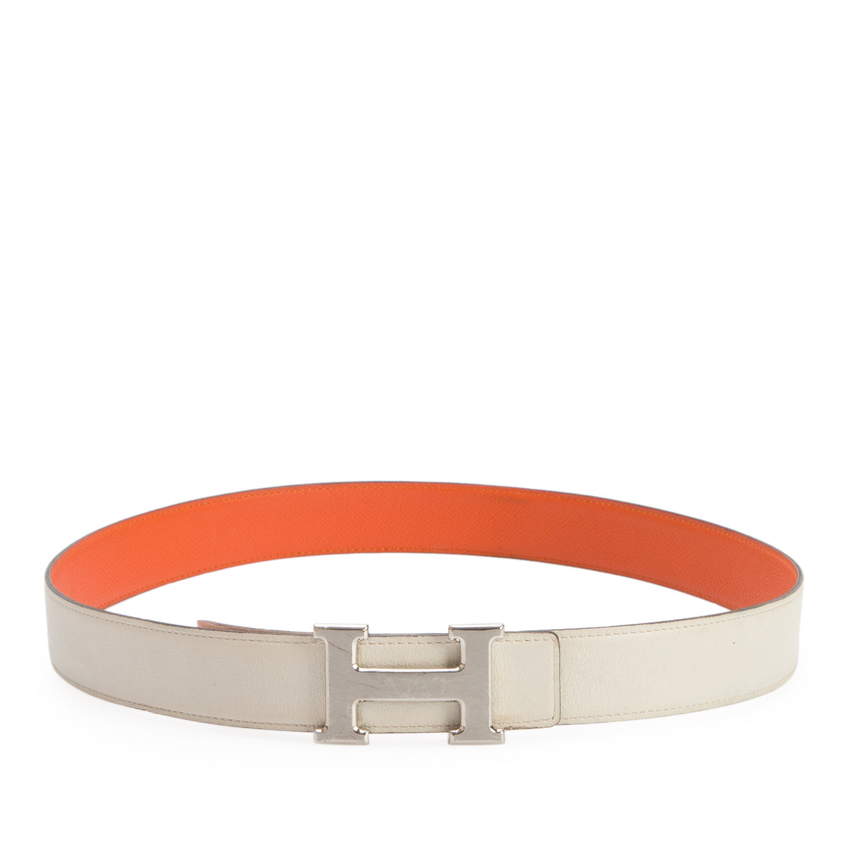 Hermes Blanc/Orange Swift & Epsom Leather Reversible 32 MM H Buckle Belt Kit, Size 80 w/ Box