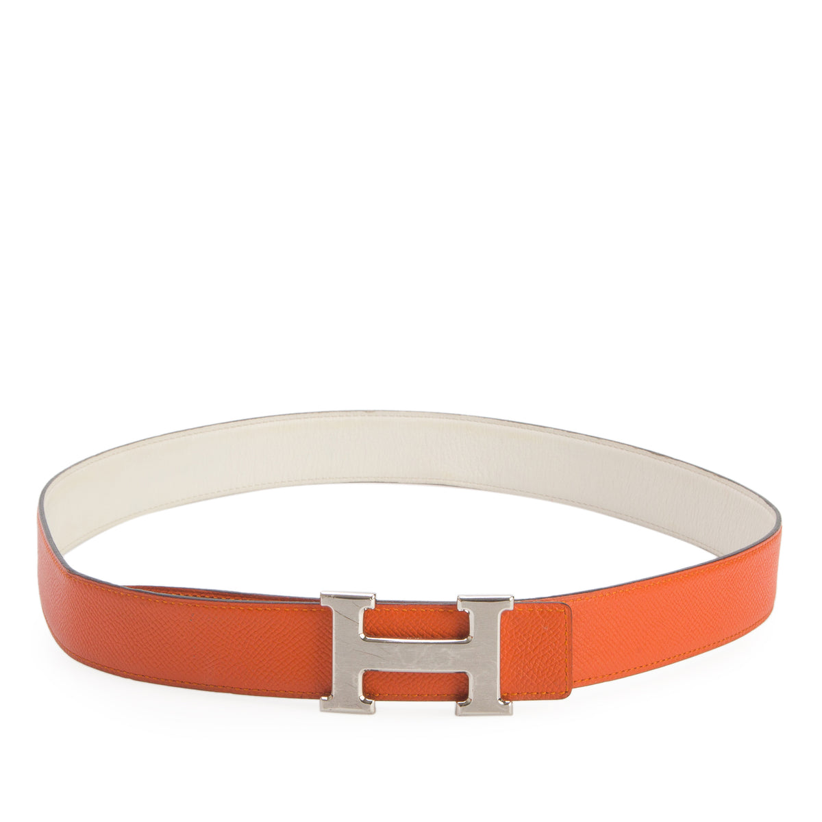 Hermes Blanc/Orange Swift & Epsom Leather Reversible 32 MM H Buckle Belt Kit, Size 80 w/ Box