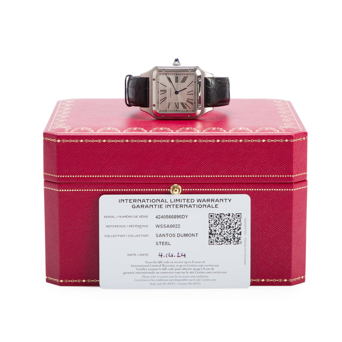 Cartier 2024 Stainless Steel Santos Dumont Watch, Silver Dial Large Model 4240 w/ Box & Papers