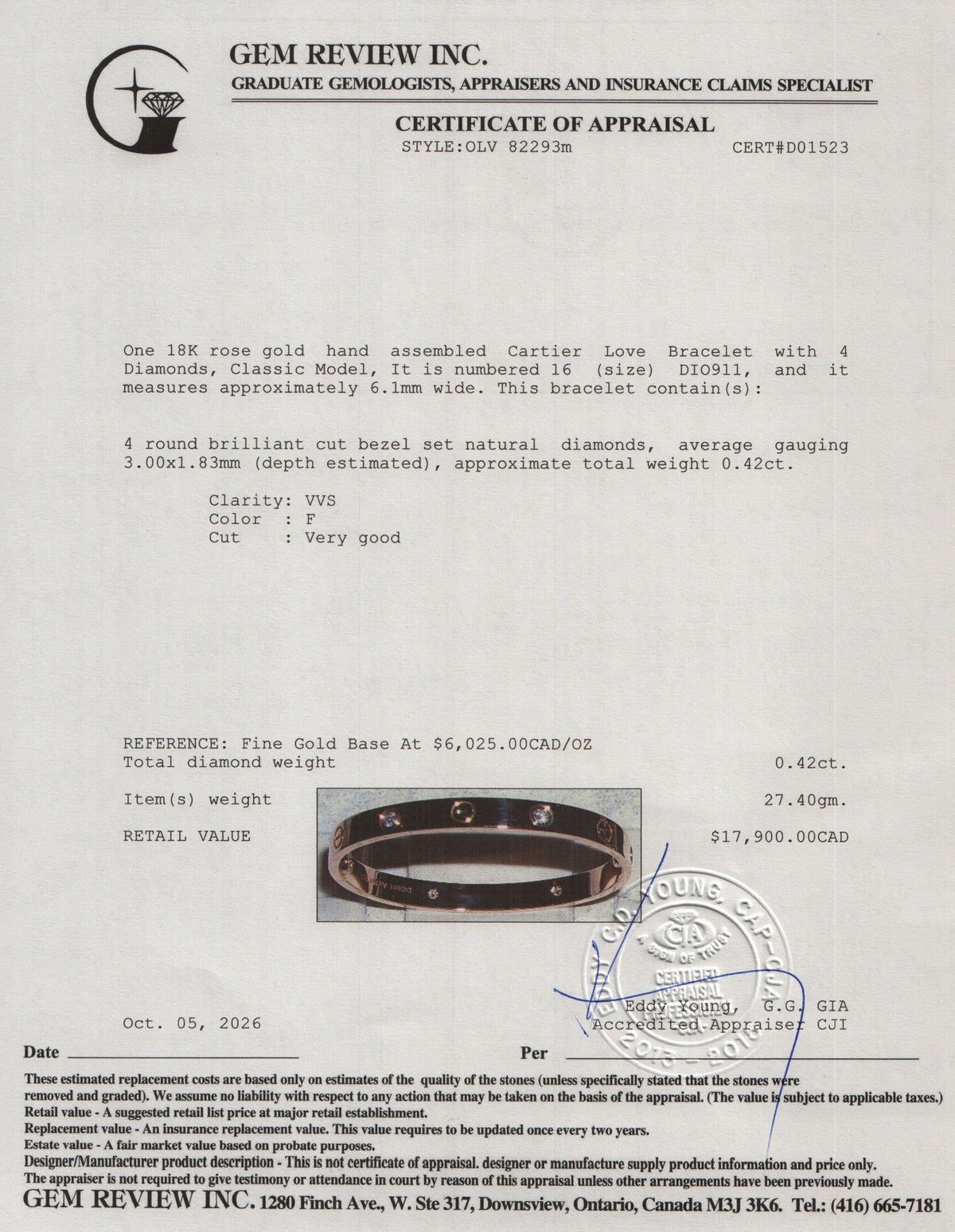 Cartier 18k Rose Gold Love Bracelet with 4 Diamonds, Classic Model Size 16 w/ Box & Receipt
