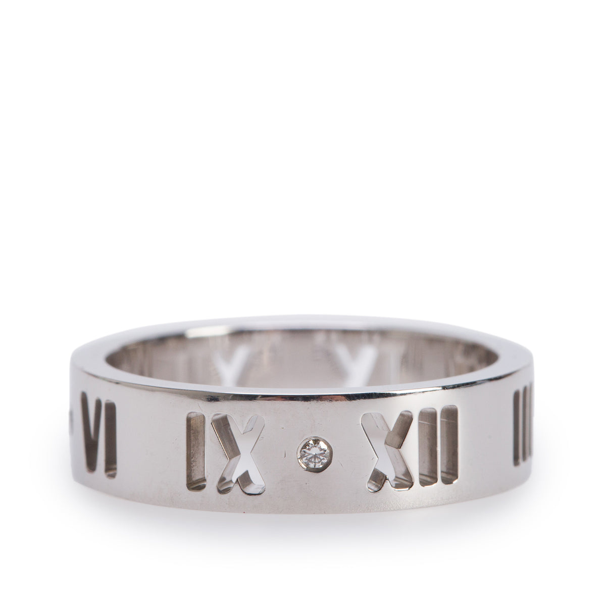 Tiffany & Co. 18k White Gold & Diamond Atlas Pierced 5 MM Band Ring, Size 5.75 w/ Box