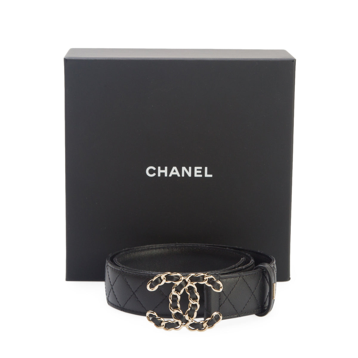 Chanel 2023 Black Quilted Calfskin Leather CC Buckle Belt 70 28 w/ Box & Receipt