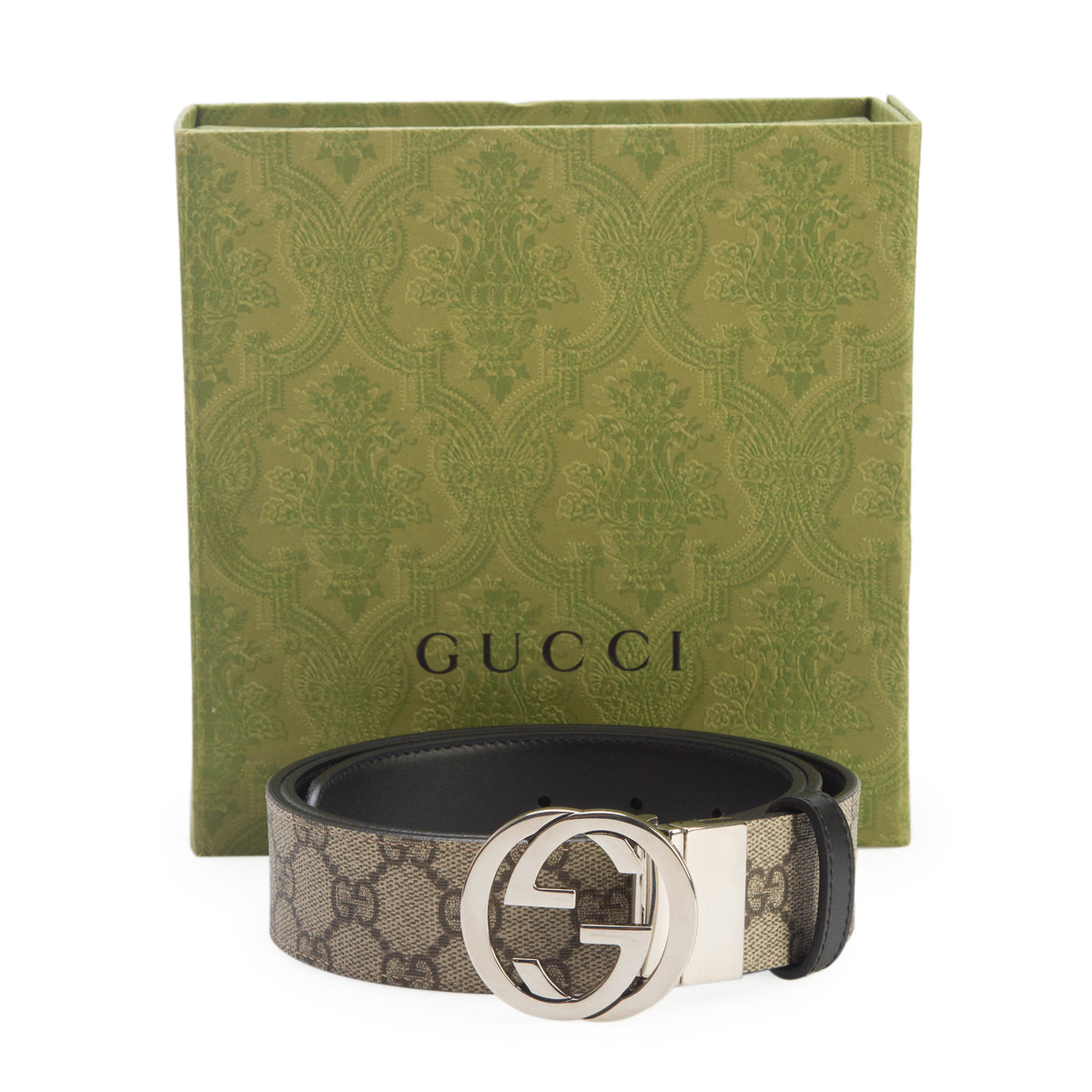 Gucci Brown GG Supreme Black Leather Interlocking G Reversible Belt, 100 40 w/ Box
