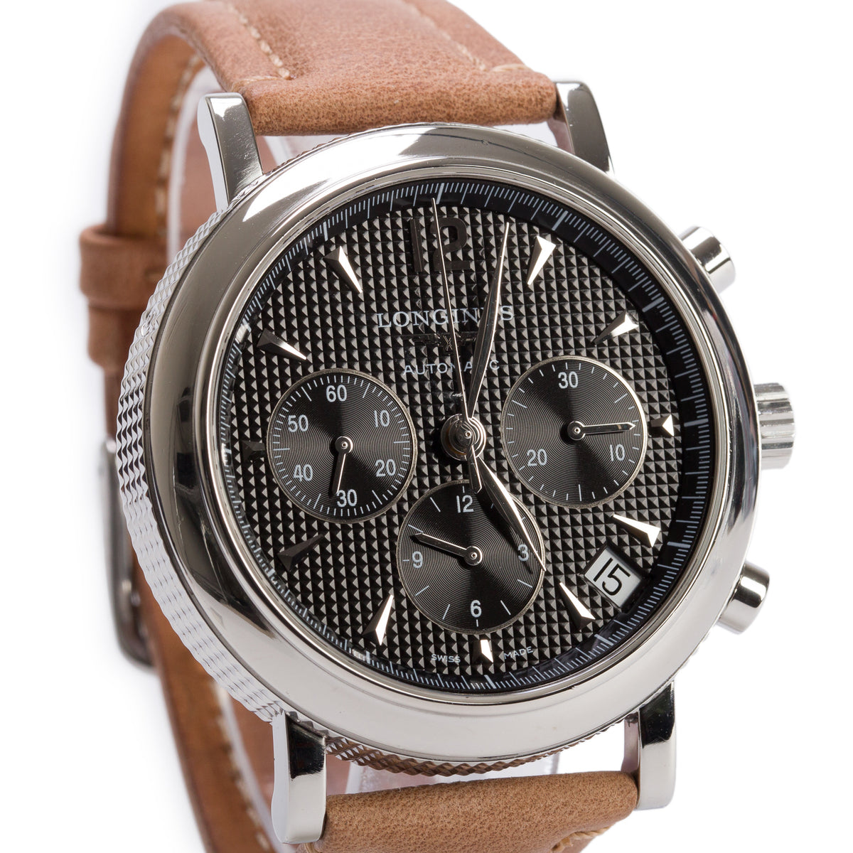 Longines Stainless Steel Clous de Paris 44 MM Automatic Chronograph Watch Black Dial w/ Box & Papers