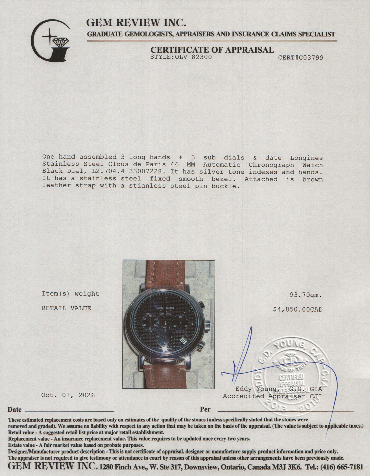 Longines Stainless Steel Clous de Paris 44 MM Automatic Chronograph Watch Black Dial w/ Box & Papers