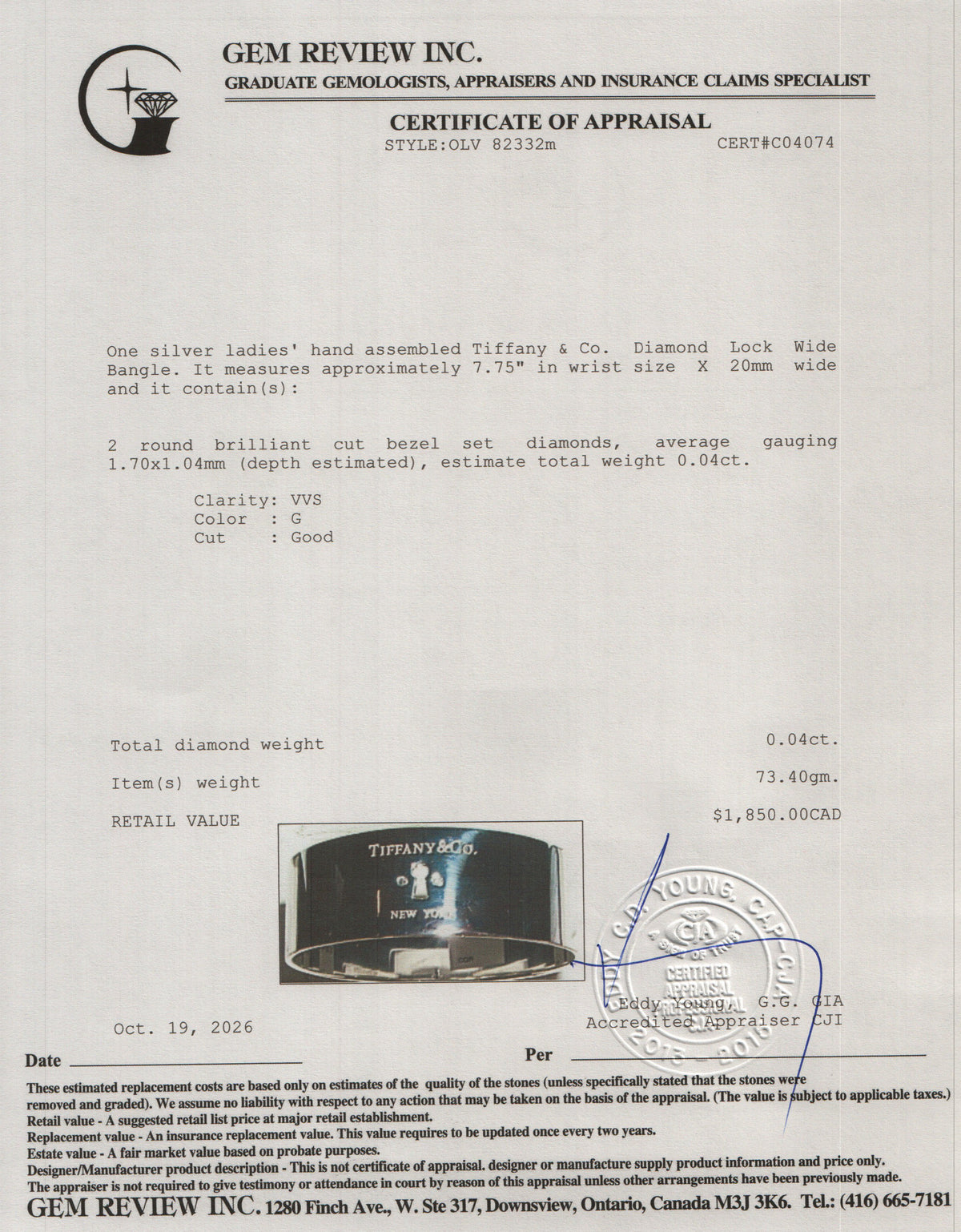 Tiffany & Co. Sterling Silver Diamond Lock Wide Bangle Bracelet