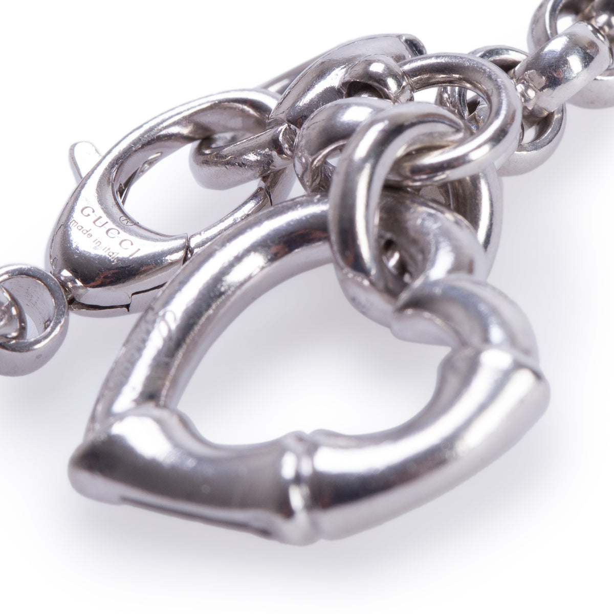 Gucci Sterling Silver Bamboo Heart Charm Link Bracelet