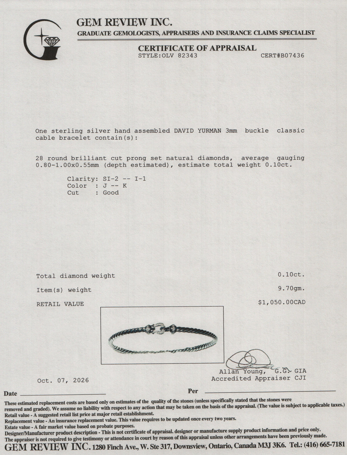 David Yurman 2025 Sterling Silver Diamond 3 MM Buckle Classic Cable Bracelet w/ Box & Receipt