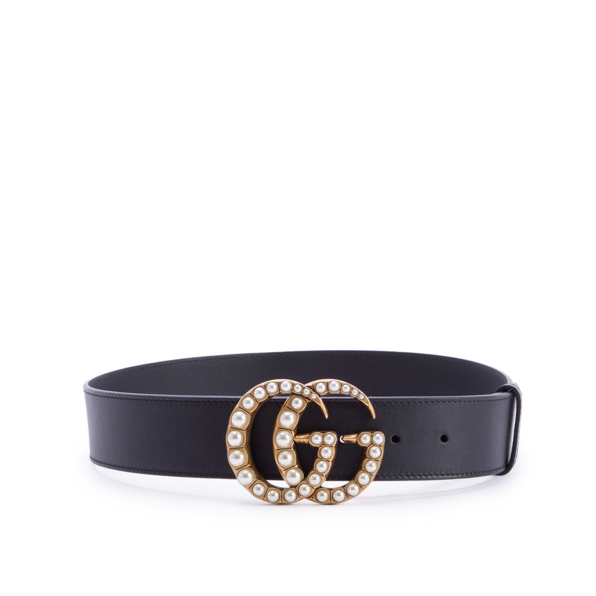Gucci Black Leather GG Marmont Wide Belt With Pearls 75 30