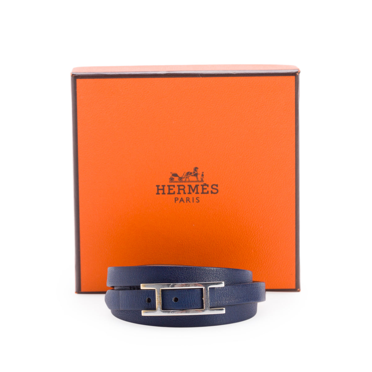 Hermes Palladium Plated Blue Leather Behapi Quad Tour Wrap Bracelet w/ Box