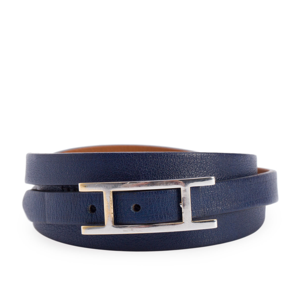 Hermes Palladium Plated Blue Leather Behapi Quad Tour Wrap Bracelet w/ Box