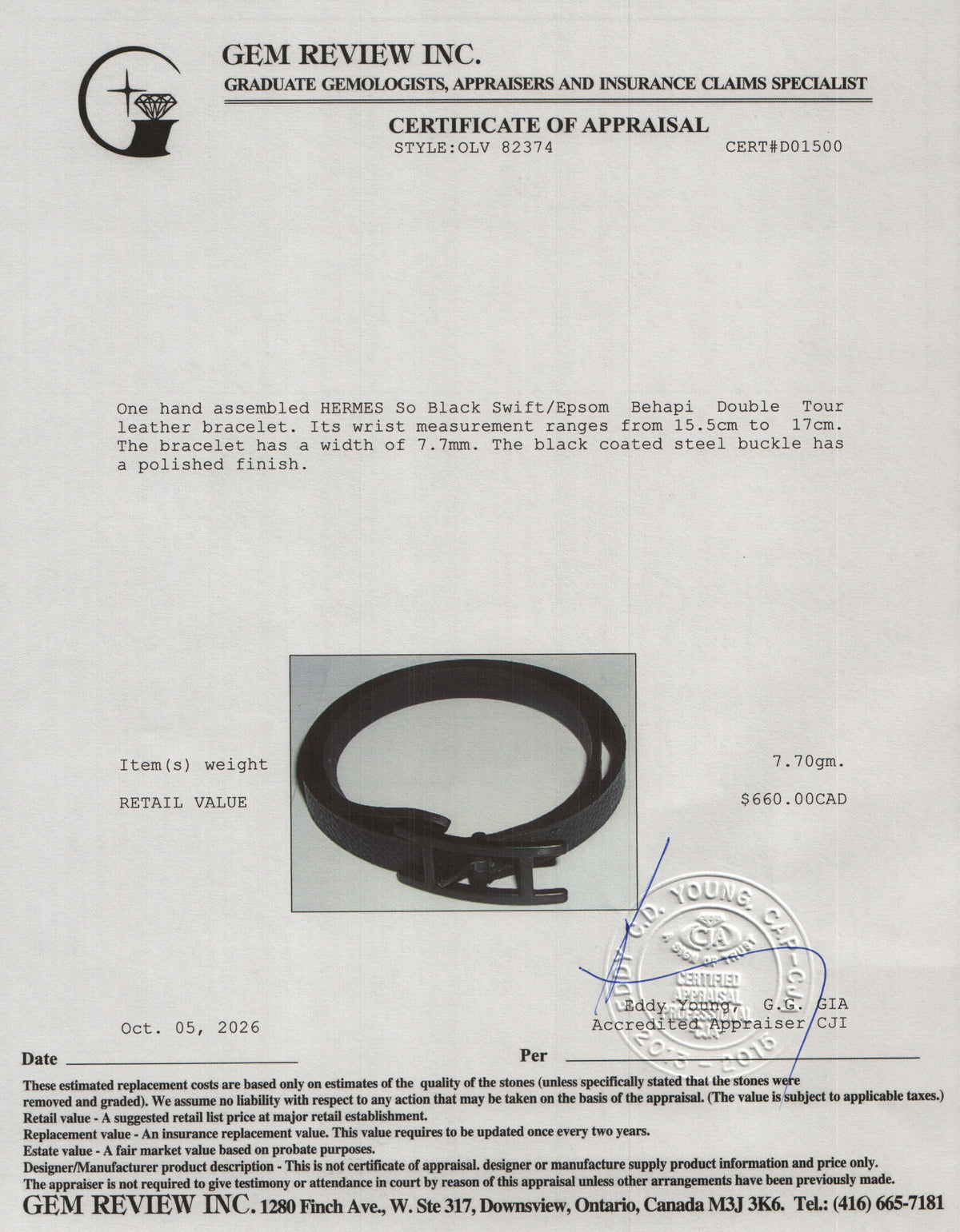 Hermes So Black Swift/Epsom Behapi Double Tour Bracelet w/ Box