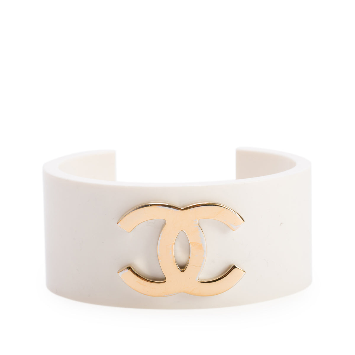Chanel White Resin Gold Plated CC Cuff Bracelet w/ Box
