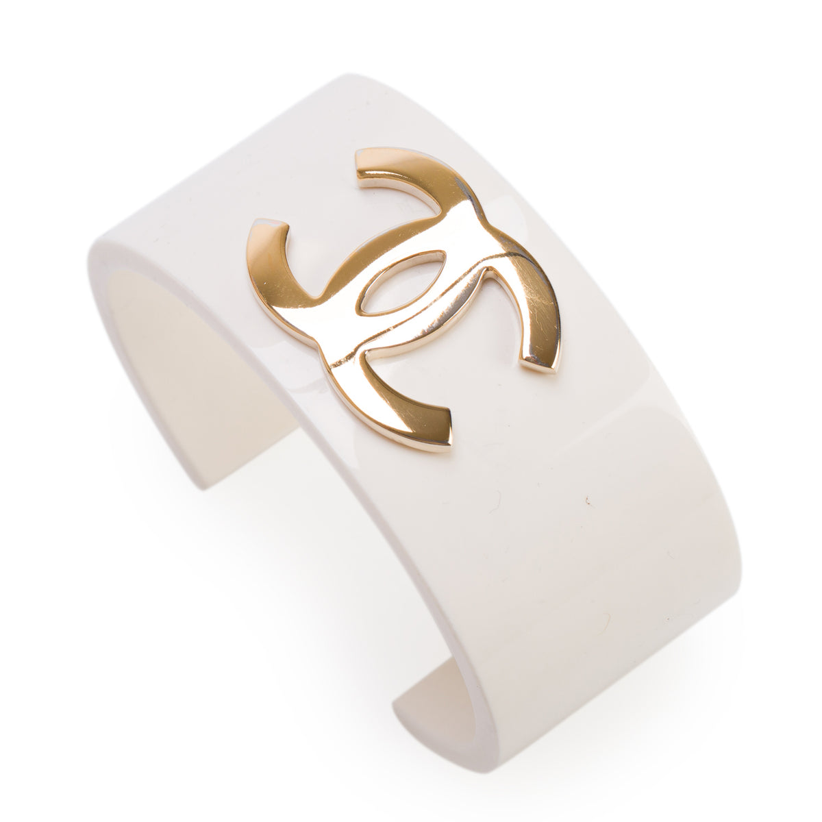 Chanel White Resin Gold Plated CC Cuff Bracelet w/ Box