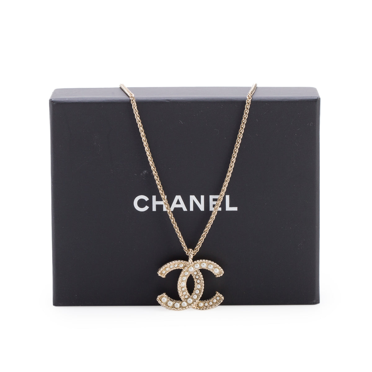 Chanel Gold-Plated Faux Pearl CC Pendant Necklace w/ Box