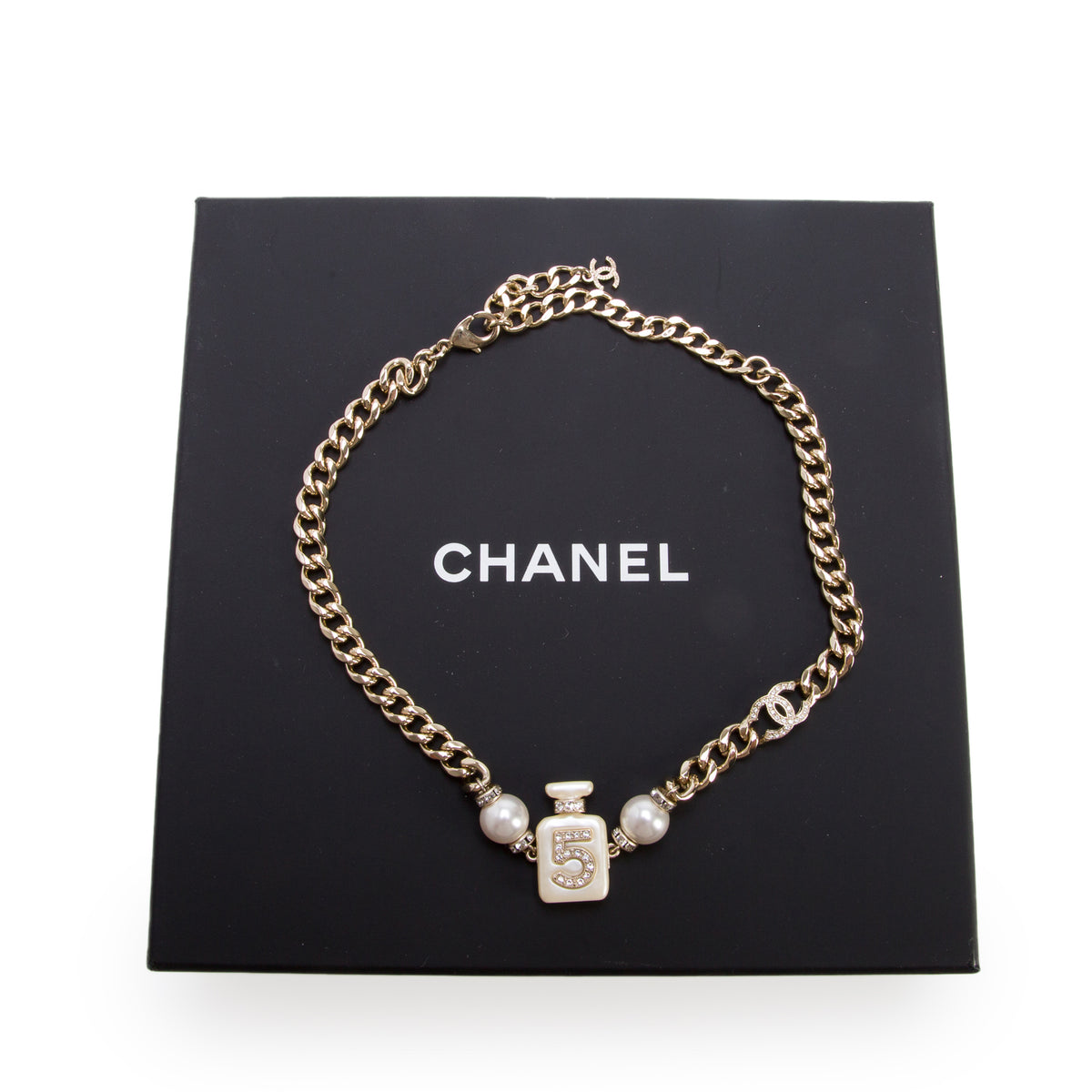 Chanel 2022 Gold-Plated Faux Pearl Resin Strass CC No.5 Perfume Bottle Choker Necklace w/ Box