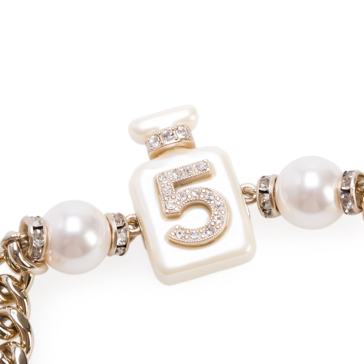 Chanel 2022 Gold-Plated Faux Pearl Resin Strass CC No.5 Perfume Bottle Choker Necklace w/ Box