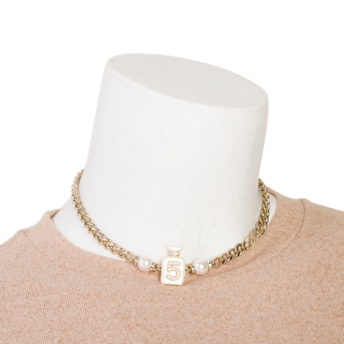 Chanel 2022 Gold-Plated Faux Pearl Resin Strass CC No.5 Perfume Bottle Choker Necklace w/ Box