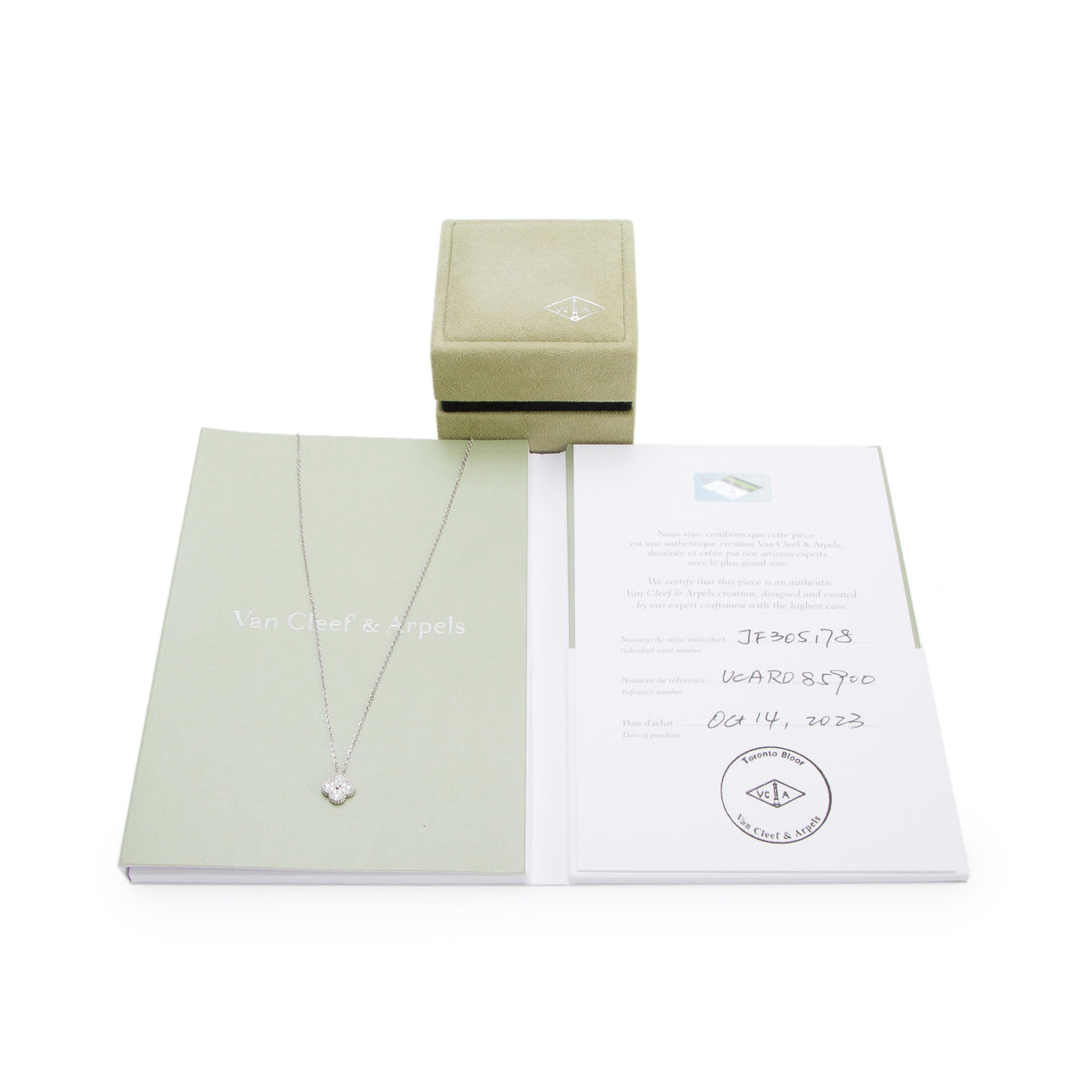 Van Cleef & Arpels 2023 18k White Gold Diamond Sweet Alhambra Pendant Necklace w/ Box, Receipt & Certificate