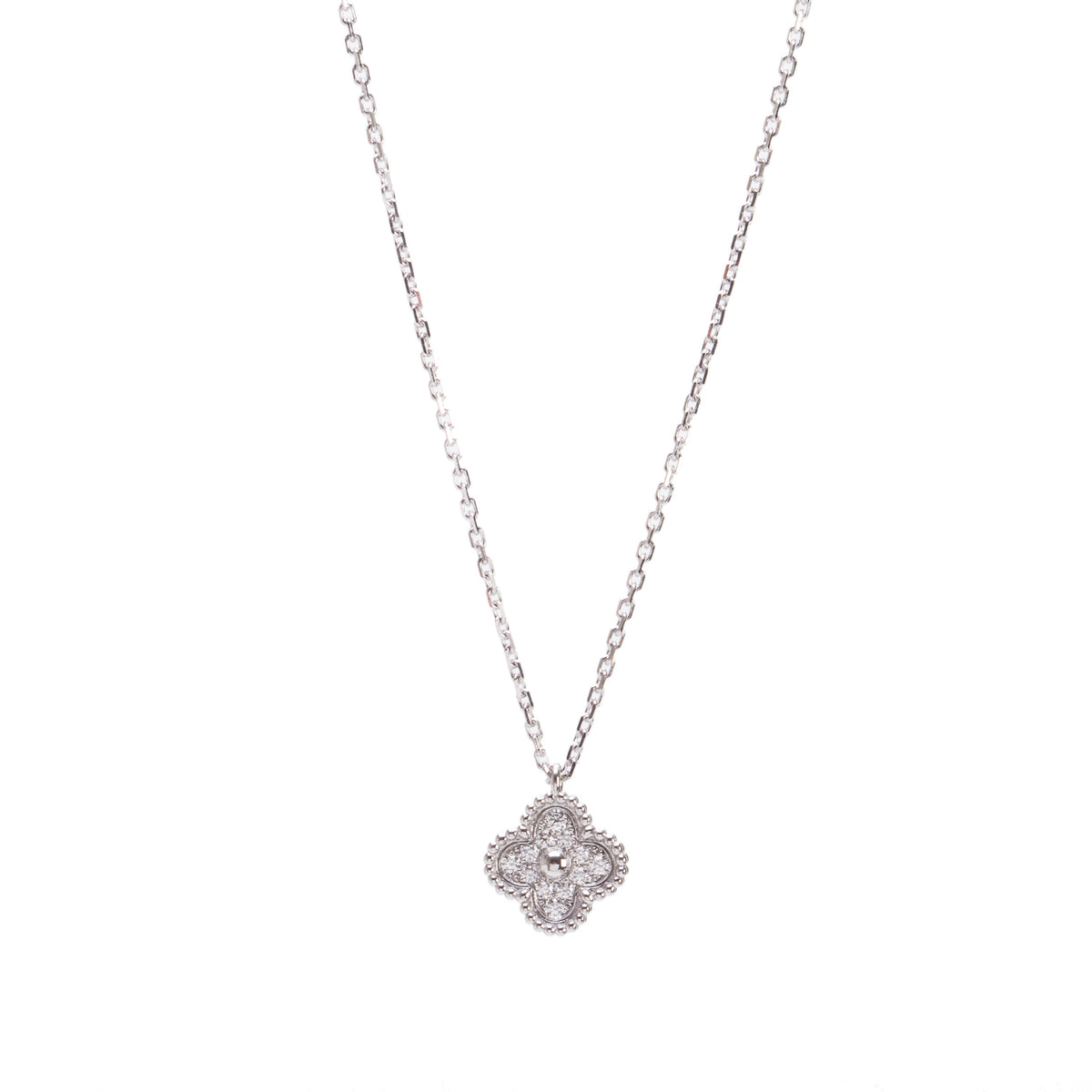 Van Cleef & Arpels 2023 18k White Gold Diamond Sweet Alhambra Pendant Necklace w/ Box, Receipt & Certificate