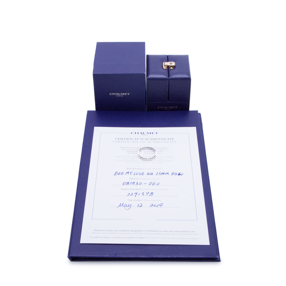 Chaumet 2024 18k White Gold Bee de Chaumet 2.5 MM Band Ring 60 9 w/ Box & Certificate