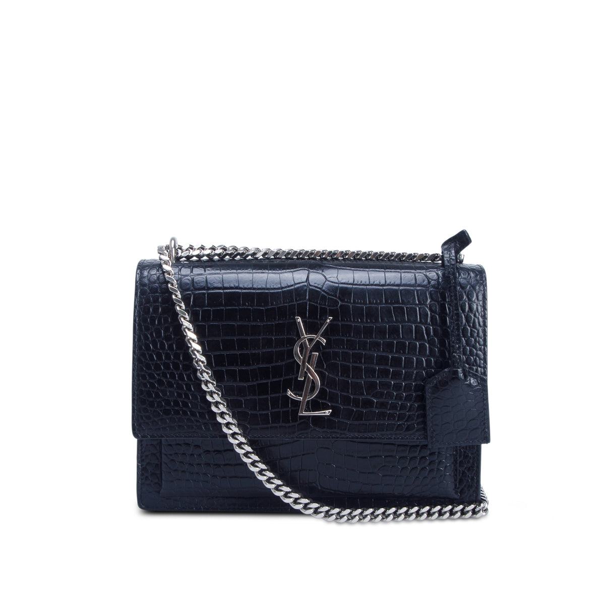 Saint Laurent Black Croc Embossed Calfskin Medium Sunset Bag
