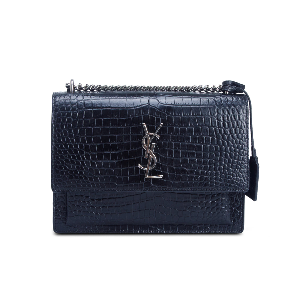 Saint Laurent Black Croc Embossed Calfskin Medium Sunset Bag
