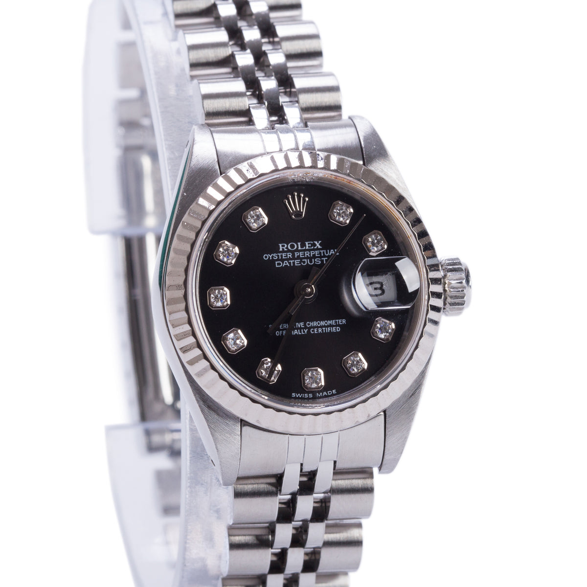 Rolex Stainless Steel Lady-Datejust 26 MM Automatic Watch Black Diamond Dial 69174 w/ Box & Papers