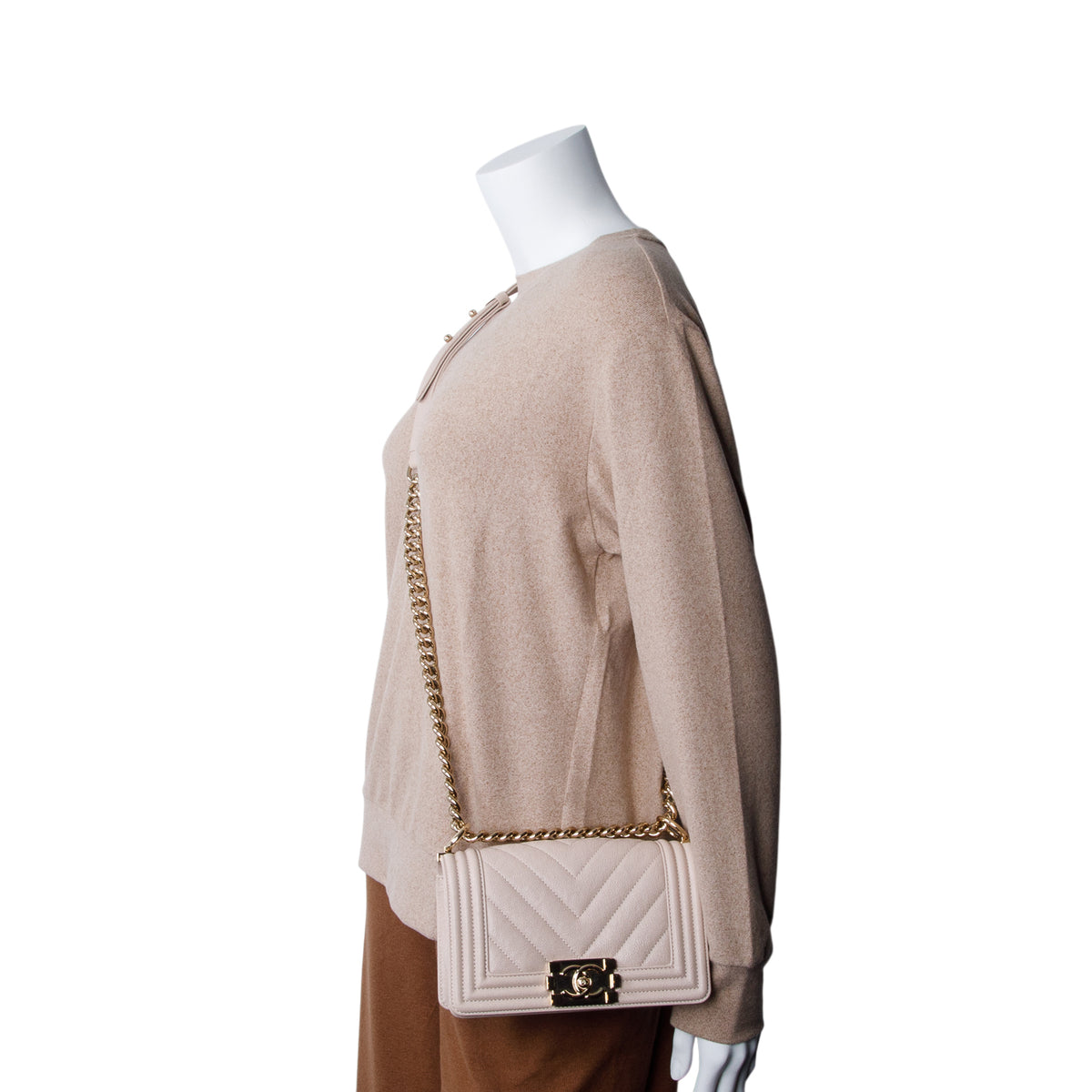 Chanel Beige Caviar Chevron Leather Small Boy Bag w/ Box & Authenticity Card