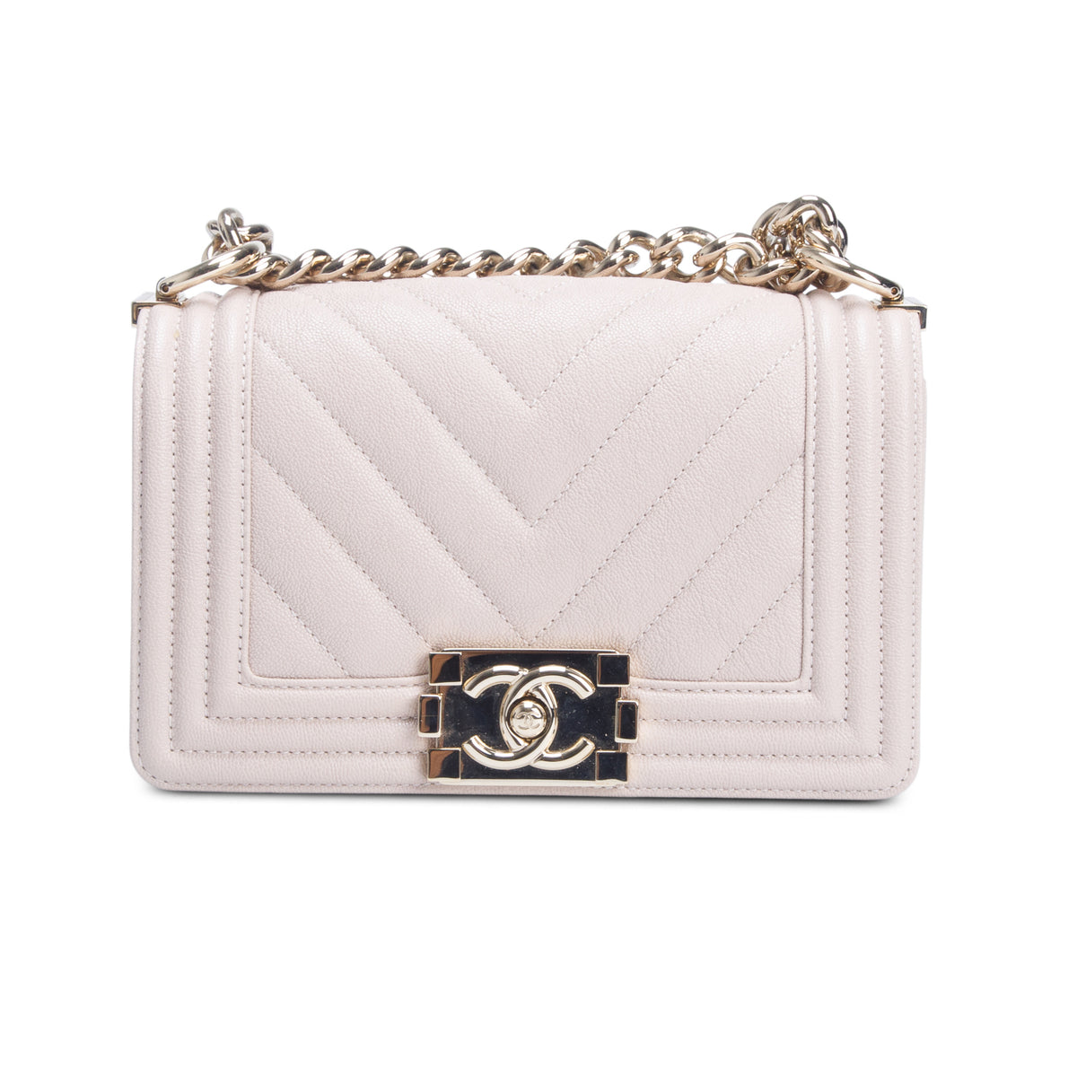 Chanel Beige Caviar Chevron Leather Small Boy Bag w/ Box & Authenticity Card