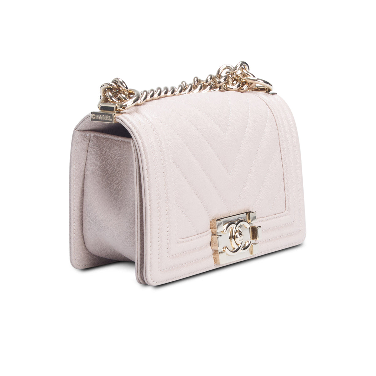 Chanel Beige Caviar Chevron Leather Small Boy Bag w/ Box & Authenticity Card