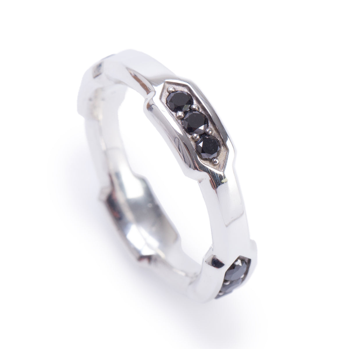 David Yurman Sterling Silver Black Diamond Hex Station 6 MM Band Ring, Size 9