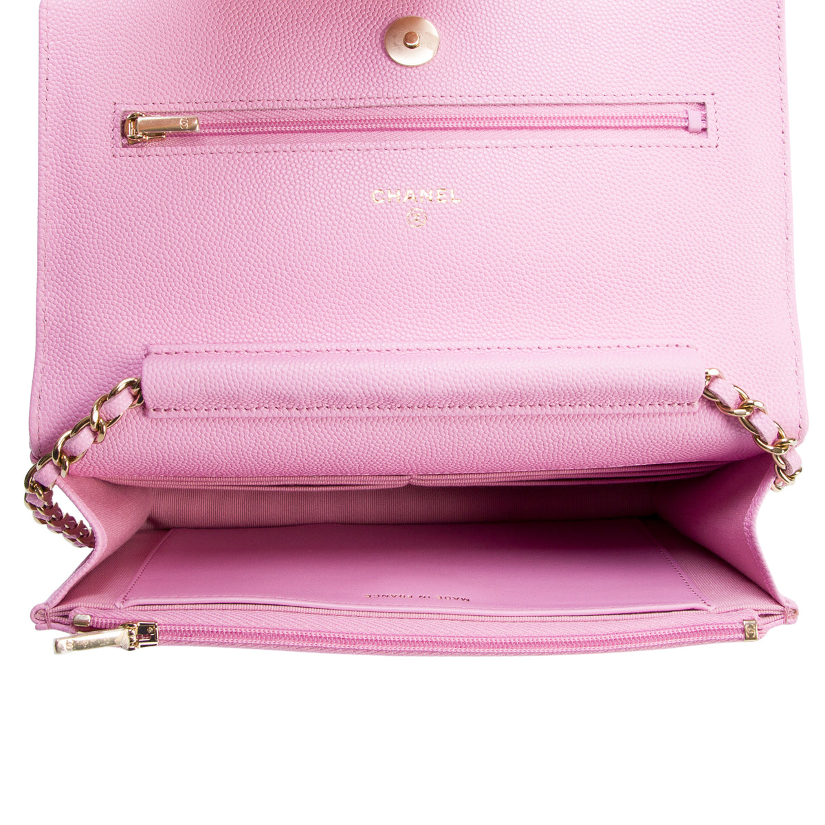 Chanel 2023 Pink Caviar Quilted Classic Wallet on Chain w/ Box & Receipt