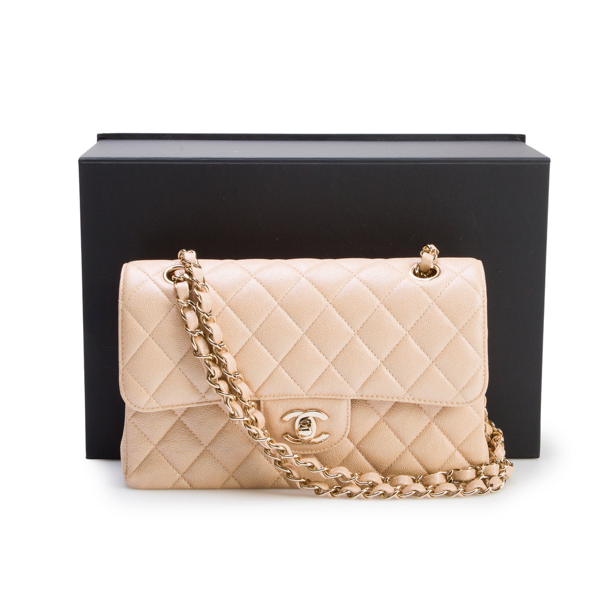 Chanel Iridescent Beige Quilted Caviar Small Double Flap w/ Box