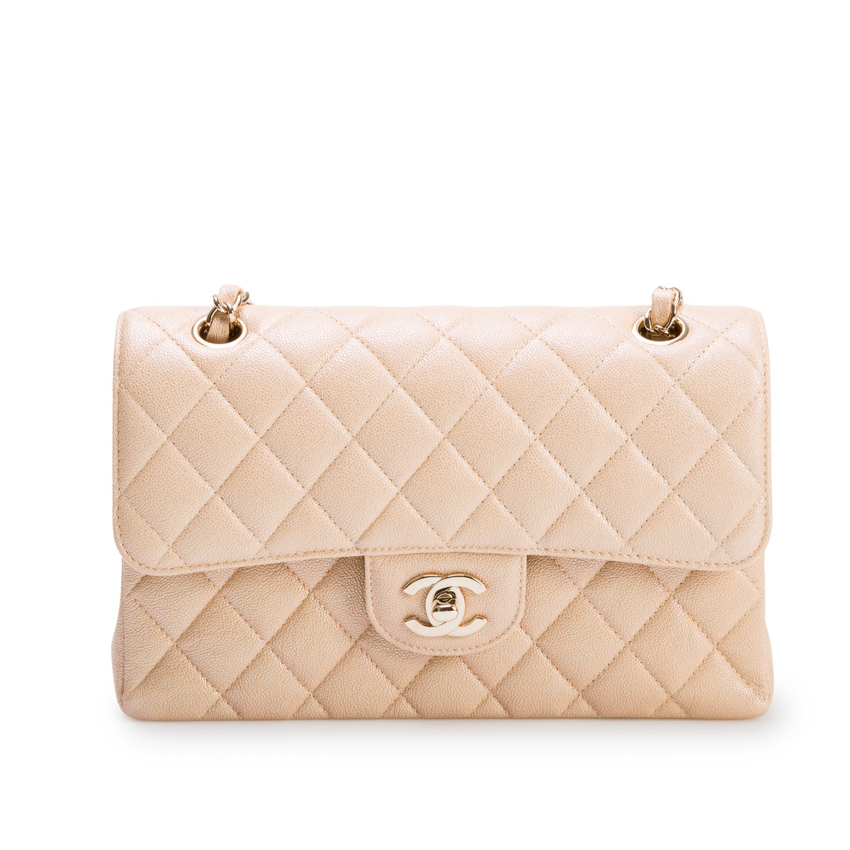 Chanel Iridescent Beige Quilted Caviar Small Double Flap w/ Box