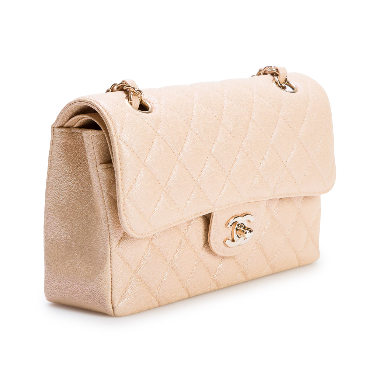 Chanel Iridescent Beige Quilted Caviar Small Double Flap w/ Box