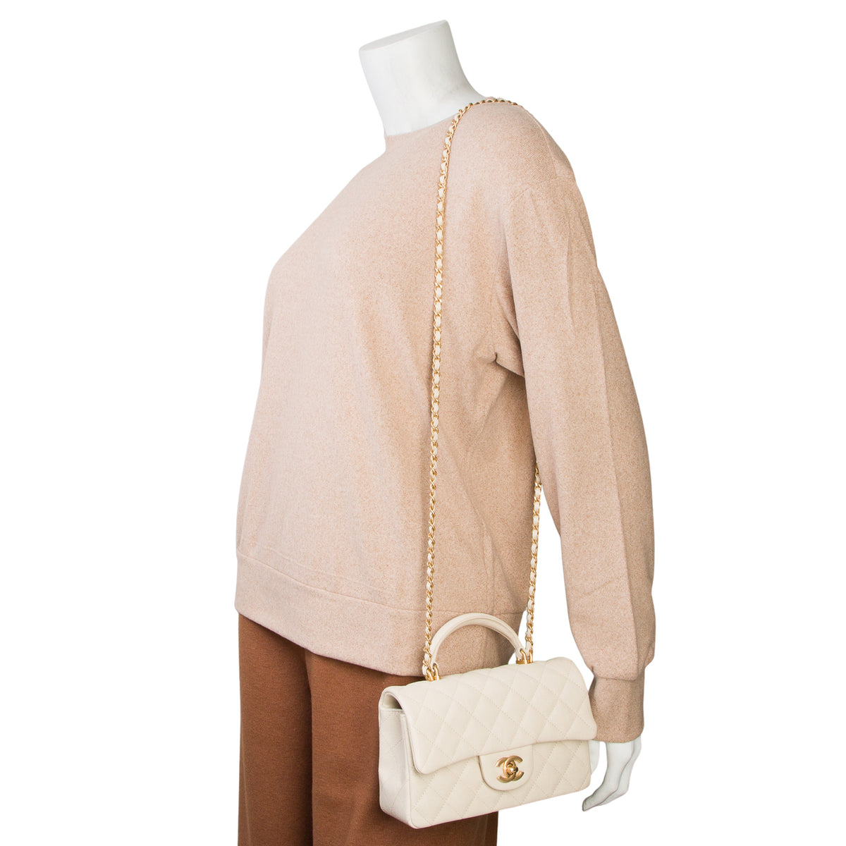 Chanel 2021 Beige Caviar Quilted Mini Top Handle Rectangular Flap w/ Box & Authenticity Card