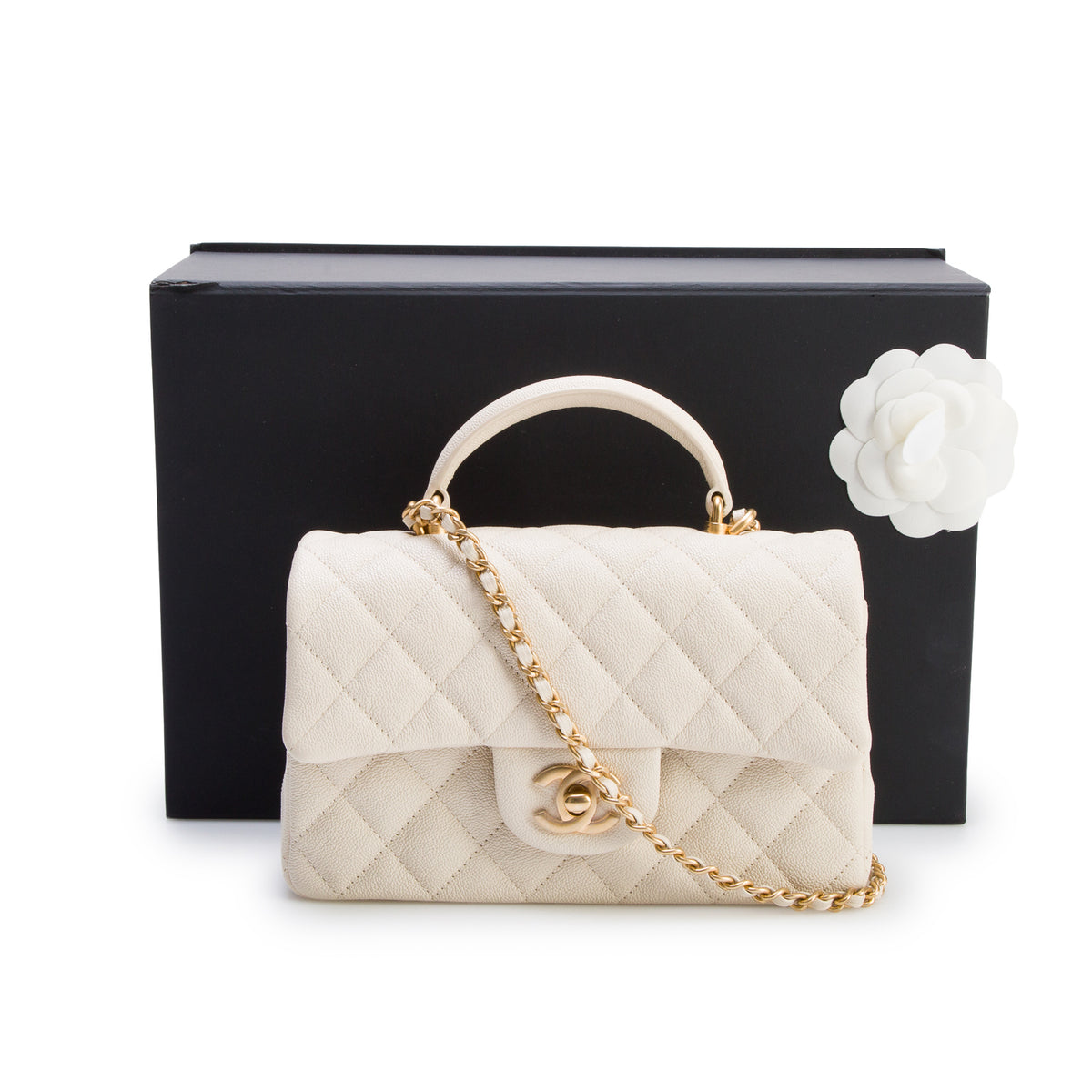 Chanel 2021 Beige Caviar Quilted Mini Top Handle Rectangular Flap w/ Box & Authenticity Card