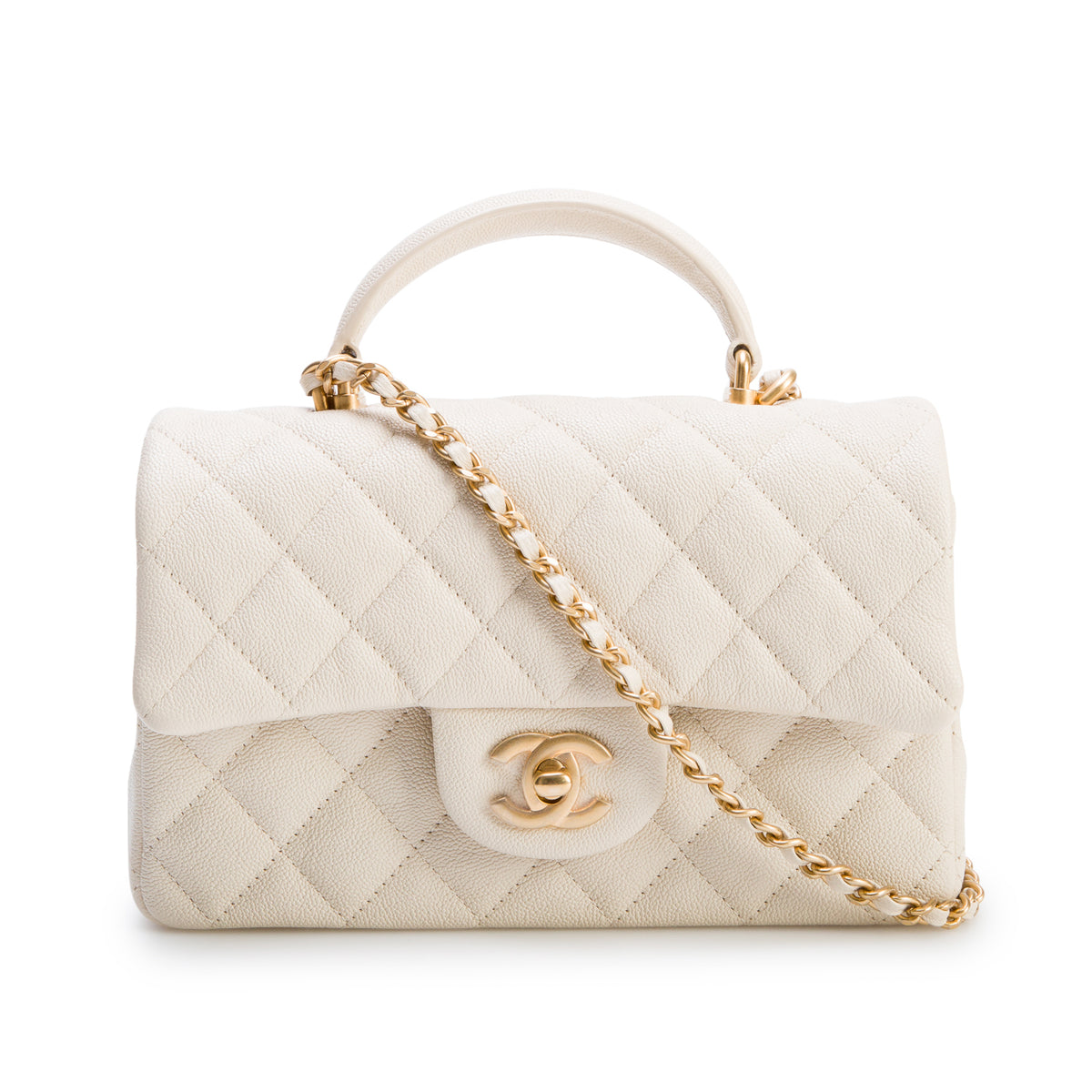 Chanel 2021 Beige Caviar Quilted Mini Top Handle Rectangular Flap w/ Box & Authenticity Card