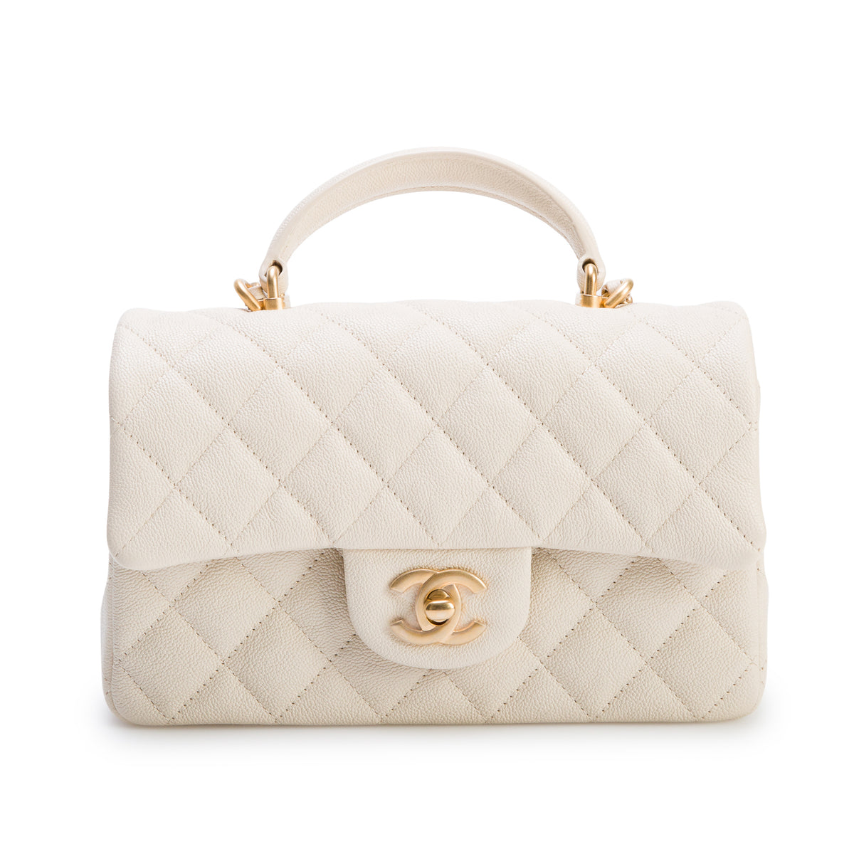 Chanel 2021 Beige Caviar Quilted Mini Top Handle Rectangular Flap w/ Box & Authenticity Card