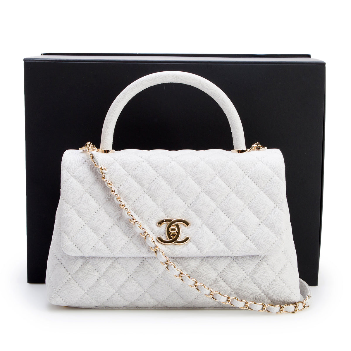Chanel Light Grey Caviar Quilted Small Coco Handle Flap w/ Box, Authenticity Card & Strap