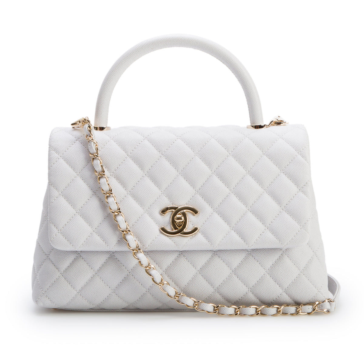 Chanel Light Grey Caviar Quilted Small Coco Handle Flap w/ Box, Authenticity Card & Strap