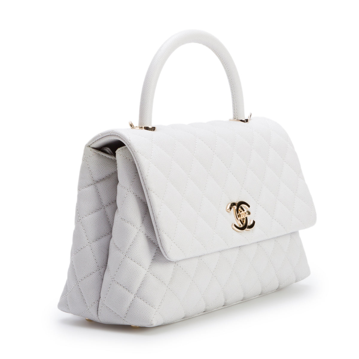 Chanel Light Grey Caviar Quilted Small Coco Handle Flap w/ Box, Authenticity Card & Strap