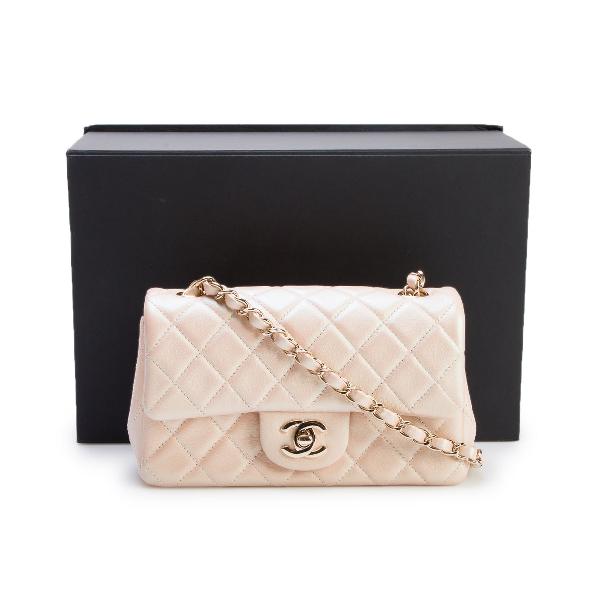 Chanel 2021 Iridescent Beige Lambskin Quilted Mini Rectangular Flap Bag w/ Box & Authenticity Card