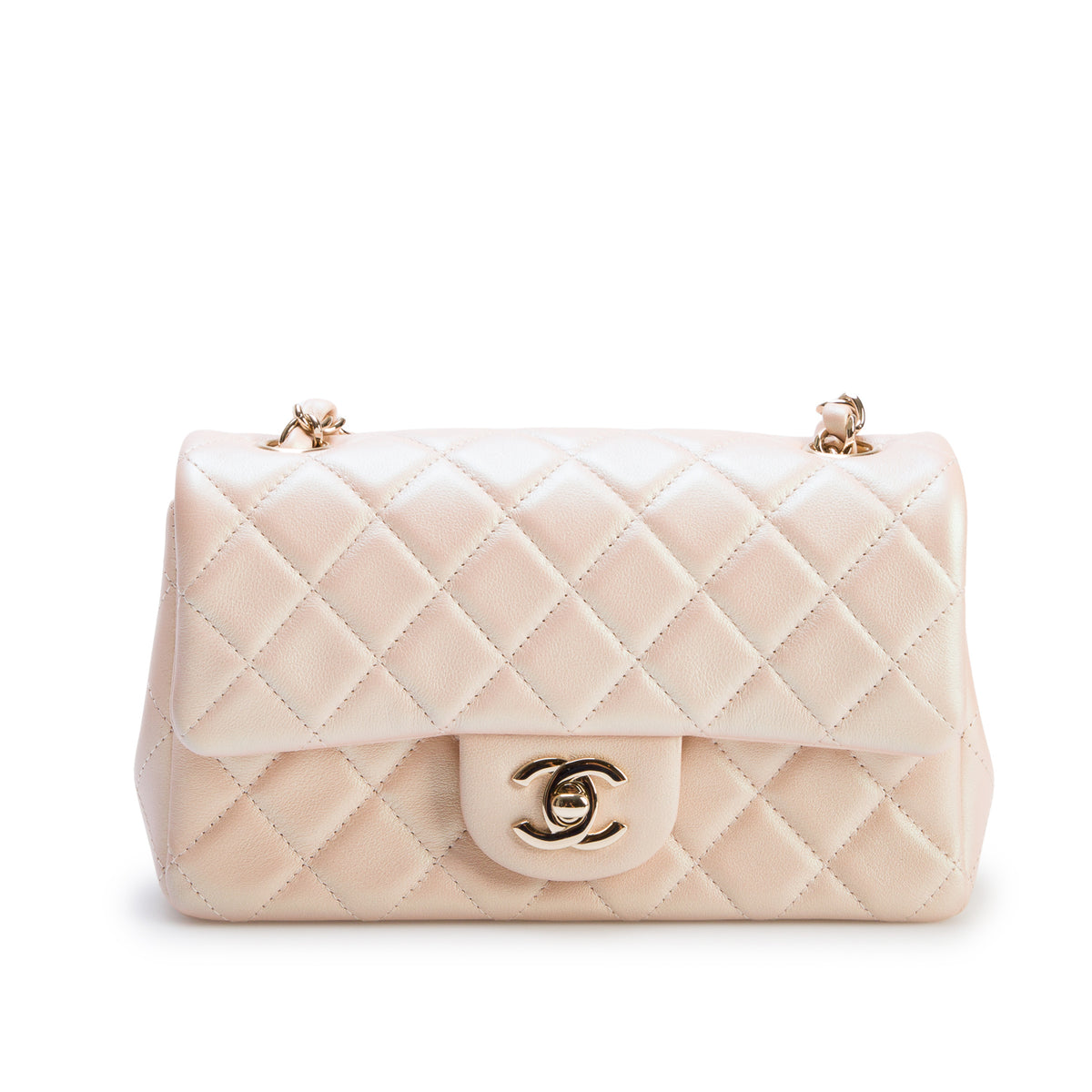 Chanel 2021 Iridescent Beige Lambskin Quilted Mini Rectangular Flap Bag w/ Box & Authenticity Card