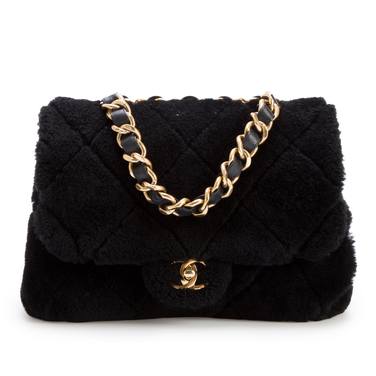 Chanel 2022 Black Shearling Quilted Furry Coco Flap w/ Box & Receipt