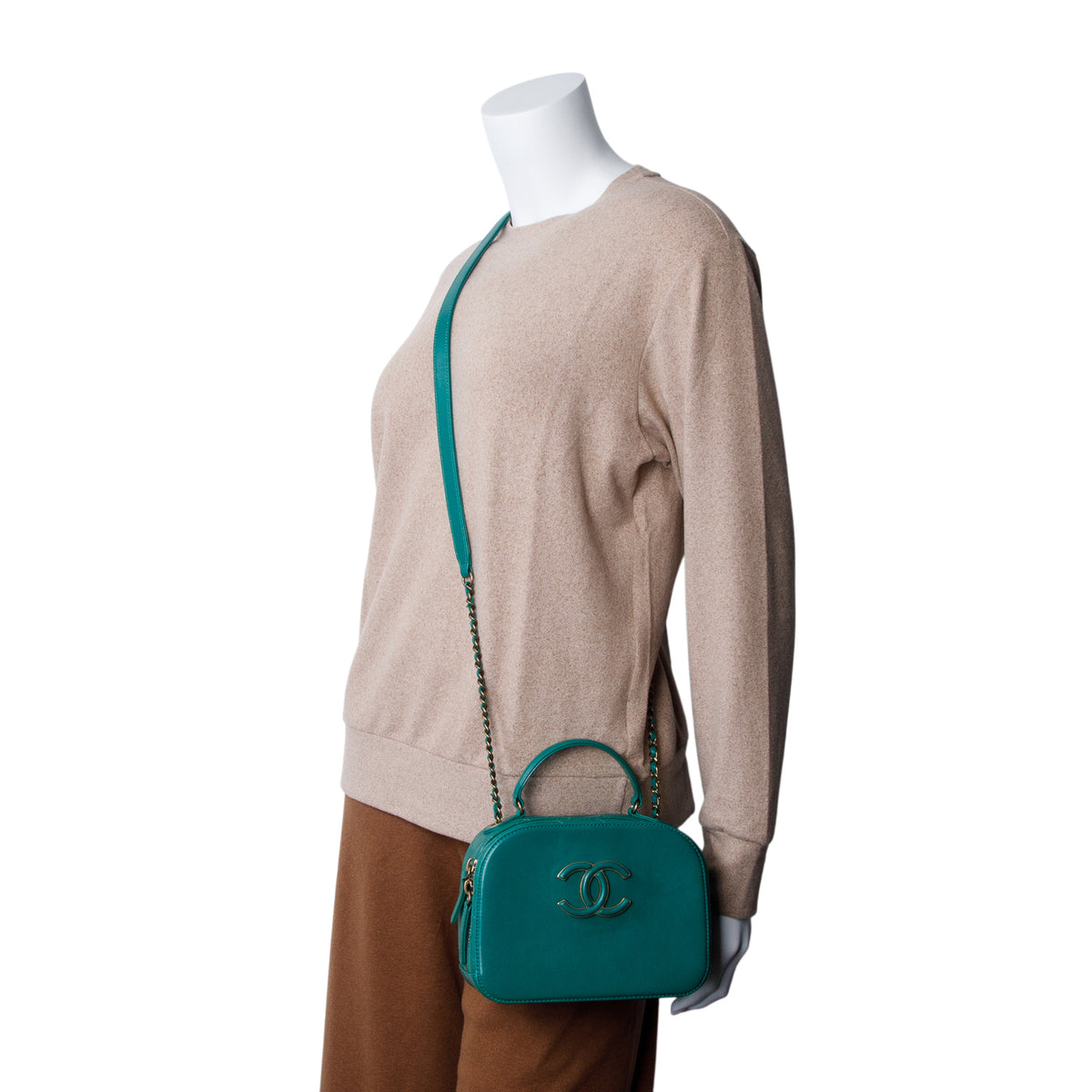 Chanel Green Shiny Calfskin Goatskin Small Coco Curve Vanity Bag w/ Box