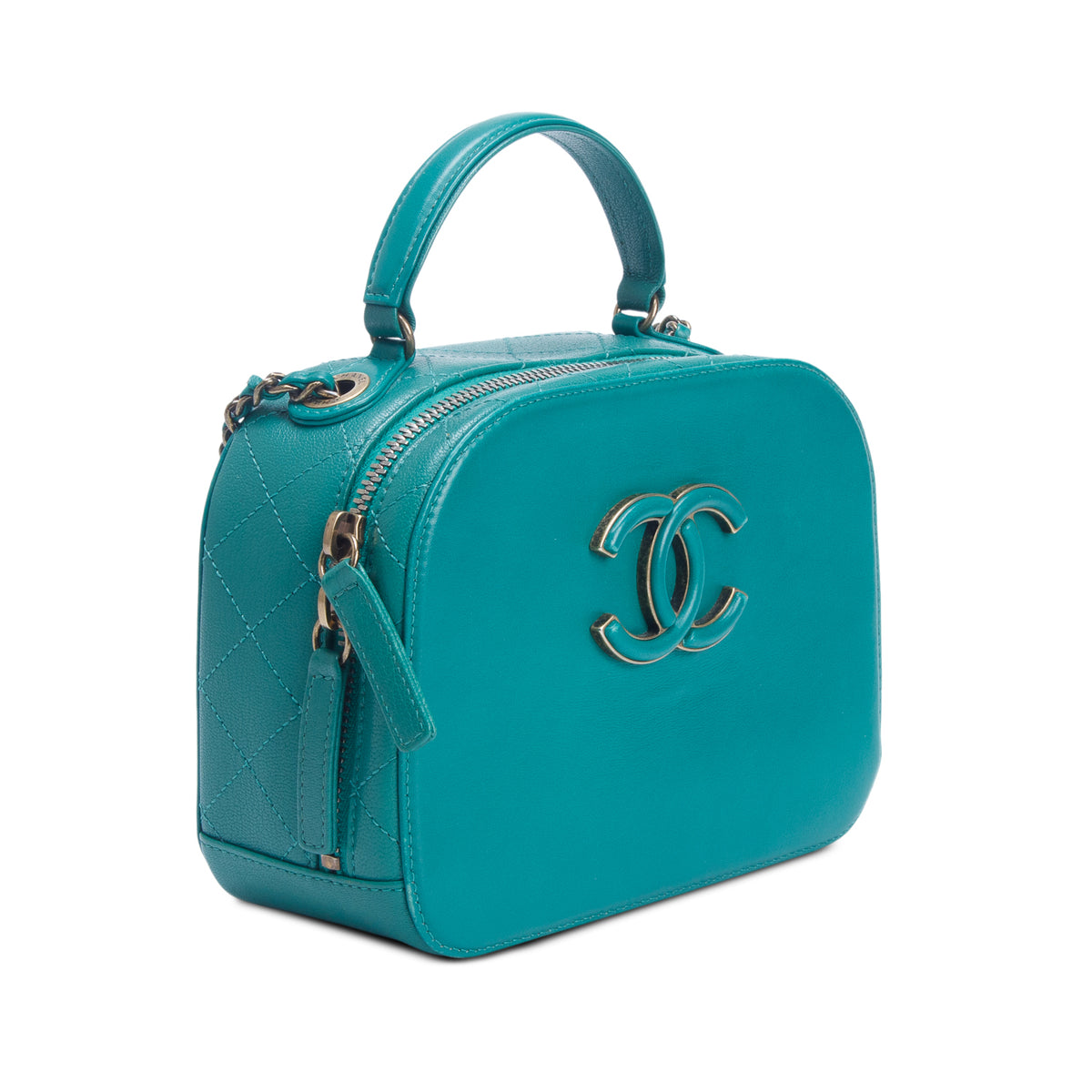 Chanel Green Shiny Calfskin Goatskin Small Coco Curve Vanity Bag w/ Box